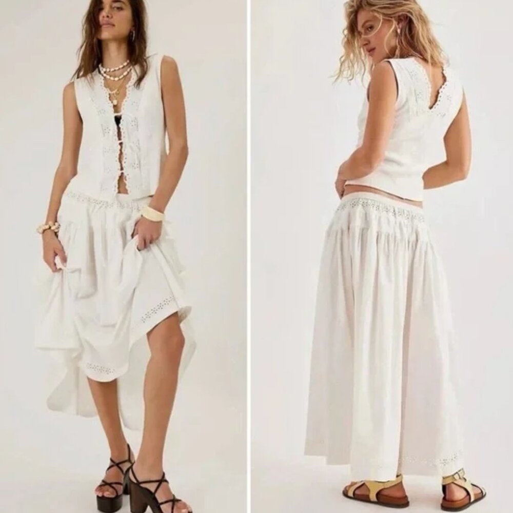 Free People White Eyelet Midi Skirt and Tank Set